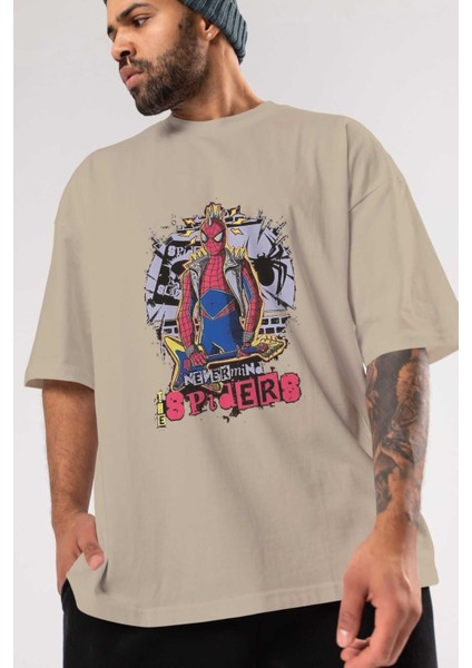 Spiderman Rock Ön Baskılı Bej Oversize T-Shirt Bisiklet Yaka Pamuk Erkek Kadın