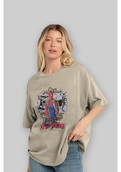 Spiderman Rock Ön Baskılı Bej Oversize T-Shirt Bisiklet Yaka Pamuk Erkek Kadın