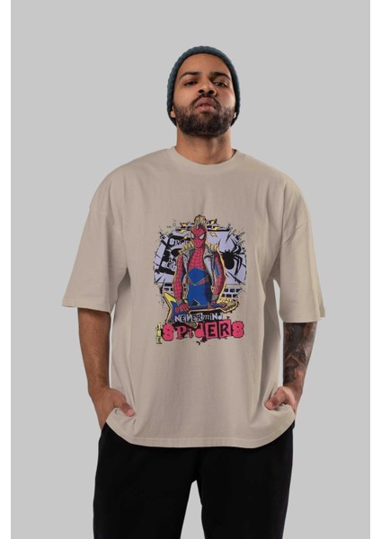 Spiderman Rock Ön Baskılı Bej Oversize T-Shirt Bisiklet Yaka Pamuk Erkek Kadın
