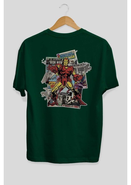 Iron Man (6) Arka Baskılı Zümrüt Yeşili Oversize T-Shirt Bisiklet Yaka Erkek Kadın