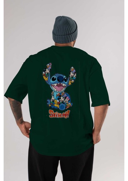 Stitch Arka Baskılı Zümrüt Yeşili Oversize T-Shirt Bisiklet Yaka Erkek Kadın