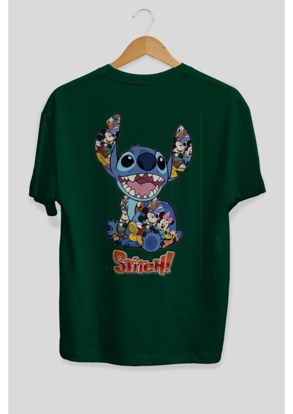 Stitch Arka Baskılı Zümrüt Yeşili Oversize T-Shirt Bisiklet Yaka Erkek Kadın fiyatları