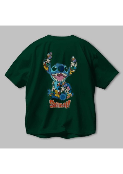 Stitch Arka Baskılı Zümrüt Yeşili Oversize T-Shirt Bisiklet Yaka Erkek Kadın modelleri