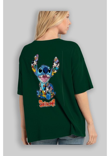Stitch Arka Baskılı Zümrüt Yeşili Oversize T-Shirt Bisiklet Yaka Erkek Kadın fırsatları