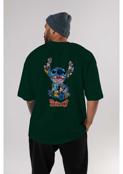 Stitch Arka Baskılı Zümrüt Yeşili Oversize T-Shirt Bisiklet Yaka Erkek Kadın indirimleri