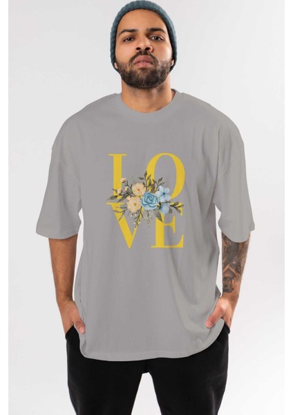 Love Flower Ön Baskılı Gri Oversize T-Shirt Unisex Erkek Kadın Bisiklet Yaka