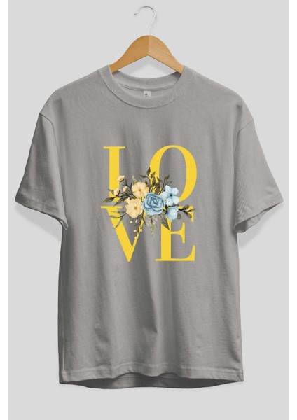 Love Flower Ön Baskılı Gri Oversize T-Shirt Unisex Erkek Kadın Bisiklet Yaka fiyatları