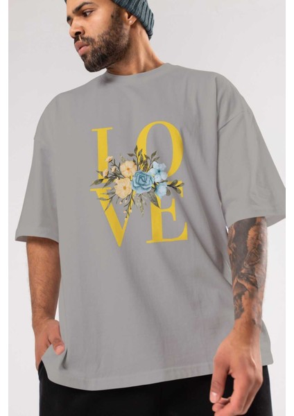 Love Flower Ön Baskılı Gri Oversize T-Shirt Unisex Erkek Kadın Bisiklet Yaka modelleri