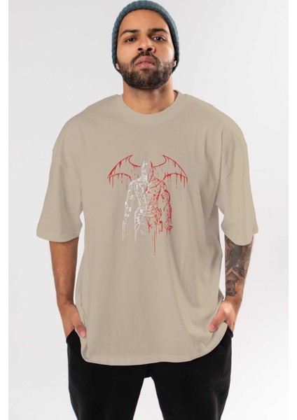 Batman (14) Ön Baskılı Bej Oversize T-Shirt Bisiklet Yaka Pamuk Erkek Kadın