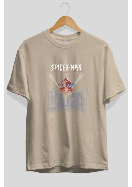 Spiderman (22) Ön Baskılı Bej Oversize T-Shirt Bisiklet Yaka Pamuk Erkek Kadın