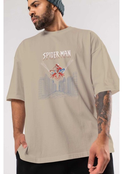 Spiderman (22) Ön Baskılı Bej Oversize T-Shirt Bisiklet Yaka Pamuk Erkek Kadın