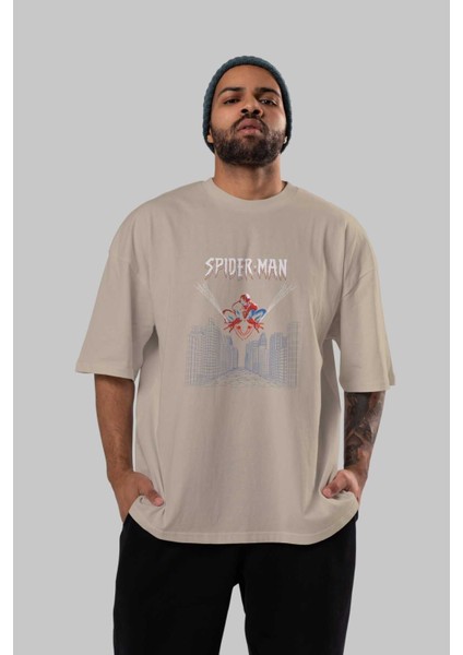 Spiderman (22) Ön Baskılı Bej Oversize T-Shirt Bisiklet Yaka Pamuk Erkek Kadın