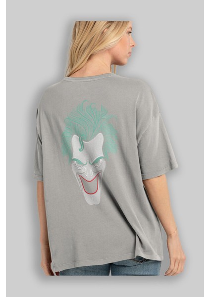 Joker (1) Arka Baskılı Gri Oversize T-Shirt Bisiklet Yaka Pamuk Erkek Kadın modelleri