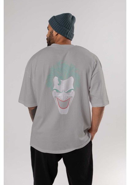 Joker (1) Arka Baskılı Gri Oversize T-Shirt Bisiklet Yaka Pamuk Erkek Kadın fırsatları