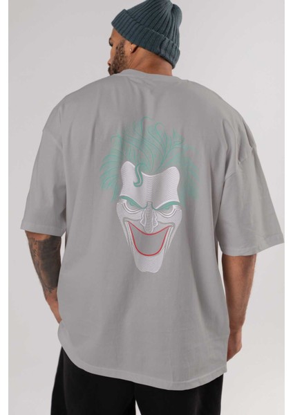 Joker (1) Arka Baskılı Gri Oversize T-Shirt Bisiklet Yaka Pamuk Erkek Kadın indirimleri