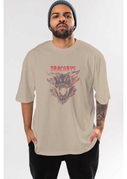 Game Of Thrones Dracarys Ön Baskılı Bej Oversize T-Shirt Bisiklet Yaka Pamuk Erkek Kadın