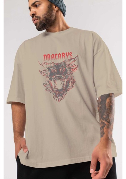 Game Of Thrones Dracarys Ön Baskılı Bej Oversize T-Shirt Bisiklet Yaka Pamuk Erkek Kadın