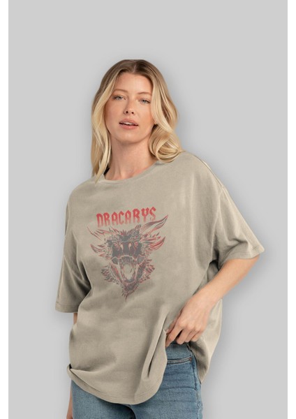 Game Of Thrones Dracarys Ön Baskılı Bej Oversize T-Shirt Bisiklet Yaka Pamuk Erkek Kadın