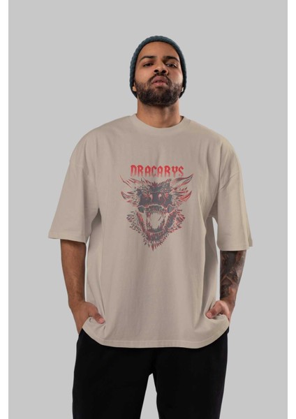 Game Of Thrones Dracarys Ön Baskılı Bej Oversize T-Shirt Bisiklet Yaka Pamuk Erkek Kadın