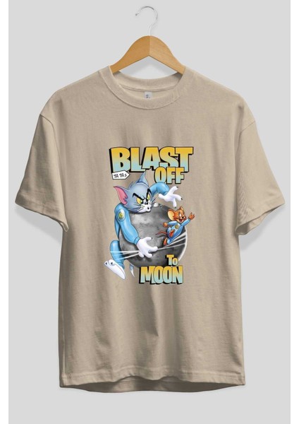Tom ve Jerry Ön Baskılı Bej Oversize T-Shirt Bisiklet Yaka Pamuk Erkek Kadın fiyatları