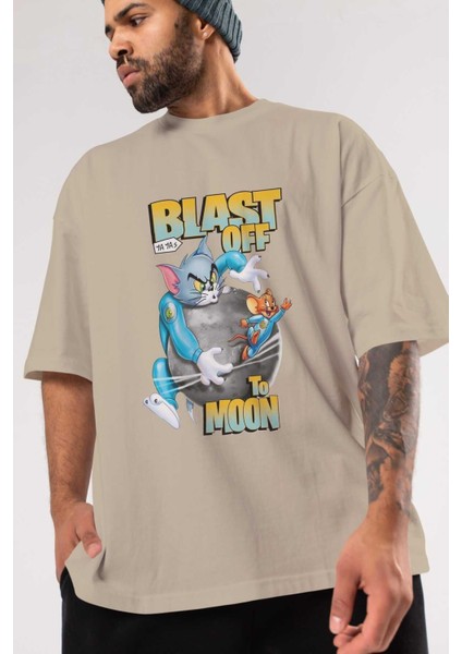 Tom ve Jerry Ön Baskılı Bej Oversize T-Shirt Bisiklet Yaka Pamuk Erkek Kadın modelleri