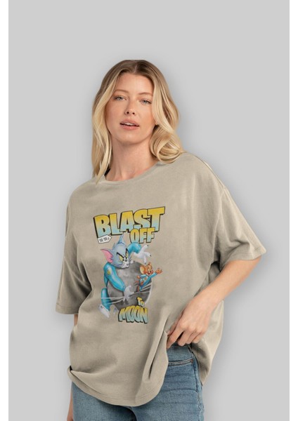 Tom ve Jerry Ön Baskılı Bej Oversize T-Shirt Bisiklet Yaka Pamuk Erkek Kadın fırsatları