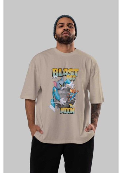 Tom ve Jerry Ön Baskılı Bej Oversize T-Shirt Bisiklet Yaka Pamuk Erkek Kadın indirimleri