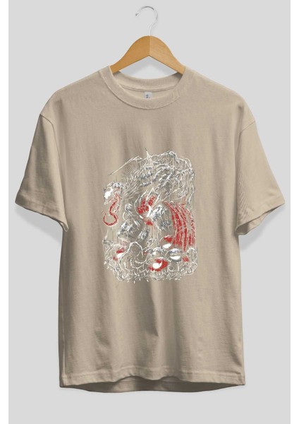 Venom (14) Ön Baskılı Bej Oversize T-Shirt Bisiklet Yaka Pamuk Erkek Kadın fiyatları