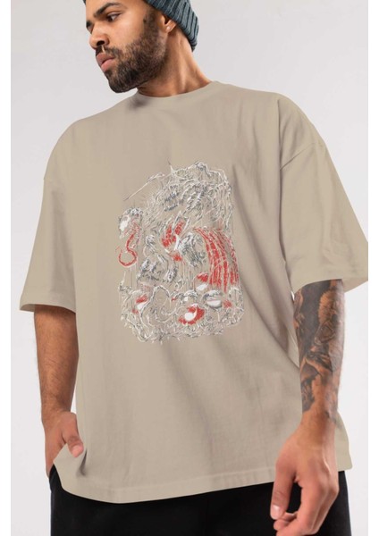 Venom (14) Ön Baskılı Bej Oversize T-Shirt Bisiklet Yaka Pamuk Erkek Kadın modelleri