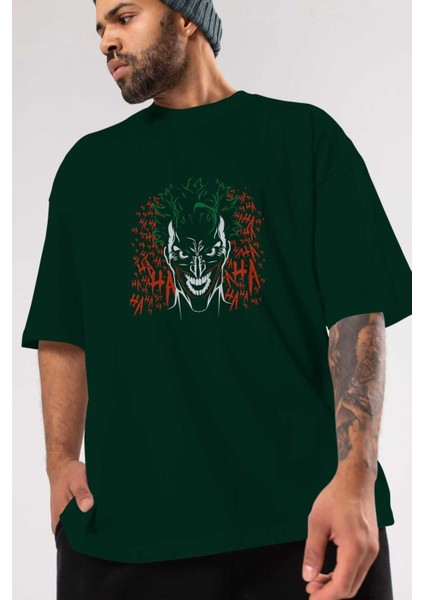 Joker (5) Ön Baskılı Zümrüt Yeşili Oversize T-Shirt Bisiklet Yaka Pamuk Erkek Kadın modelleri