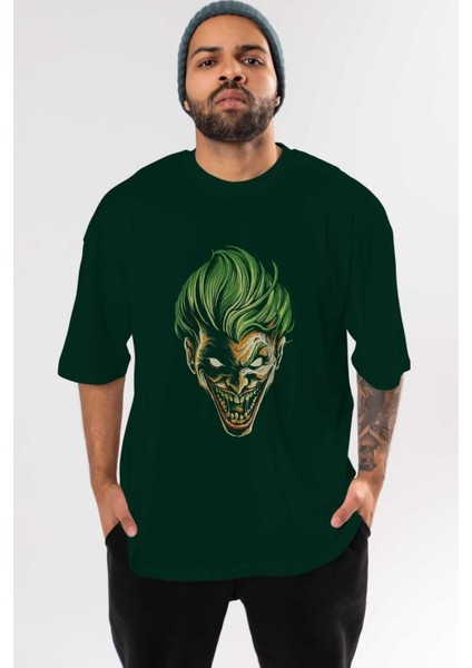 Joker (3) Ön Baskılı Zümrüt Yeşili Oversize T-Shirt Bisiklet Yaka Pamuk Erkek Kadın
