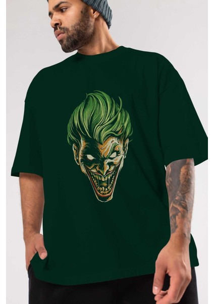 Joker (3) Ön Baskılı Zümrüt Yeşili Oversize T-Shirt Bisiklet Yaka Pamuk Erkek Kadın modelleri
