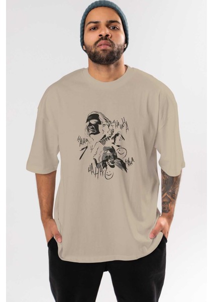 Joker 2 Ön Baskılı Bej Oversize T-Shirt Bisiklet Yaka Pamuk Erkek Kadın