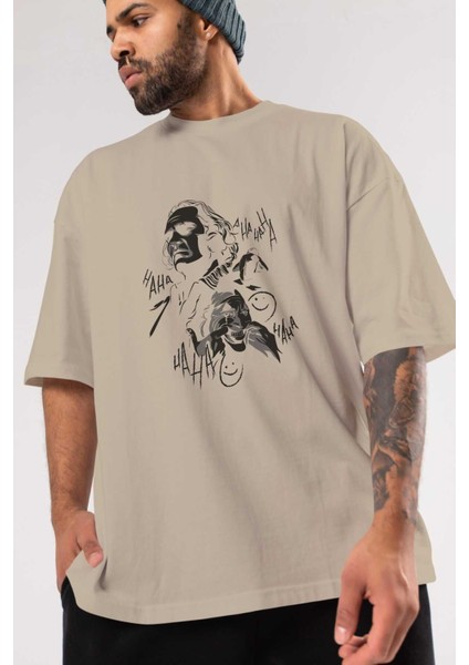Joker 2 Ön Baskılı Bej Oversize T-Shirt Bisiklet Yaka Pamuk Erkek Kadın modelleri