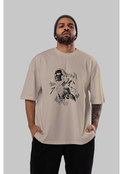 Joker 2 Ön Baskılı Bej Oversize T-Shirt Bisiklet Yaka Pamuk Erkek Kadın indirimleri