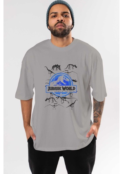 Jurassic Park (5) Ön Baskılı Gri Oversize T-Shirt Bisiklet Yaka Pamuk Erkek Kadın