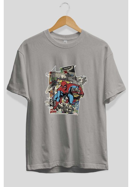 Spiderman Ön Baskılı Gri Oversize T-Shirt Bisiklet Yaka Pamuk Erkek Kadın fiyatları