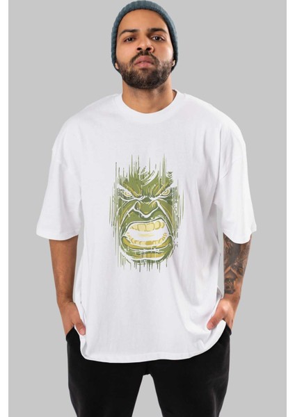Hulk (3) Ön Baskılı Beyaz Oversize T-Shirt Bisiklet Yaka Erkek Kadın