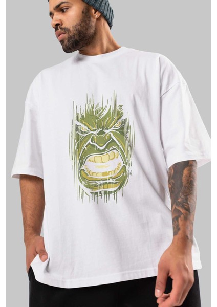 Hulk (3) Ön Baskılı Beyaz Oversize T-Shirt Bisiklet Yaka Erkek Kadın modelleri