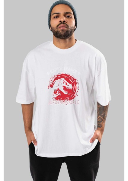 Jurassic Park (3) Ön Baskılı Beyaz Oversize T-Shirt Bisiklet Yaka Erkek Kadın