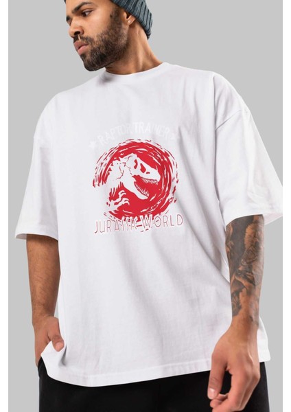 Jurassic Park (3) Ön Baskılı Beyaz Oversize T-Shirt Bisiklet Yaka Erkek Kadın modelleri