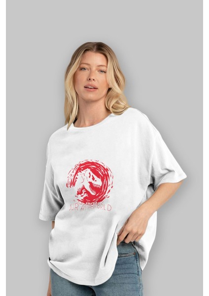 Jurassic Park (3) Ön Baskılı Beyaz Oversize T-Shirt Bisiklet Yaka Erkek Kadın fırsatları