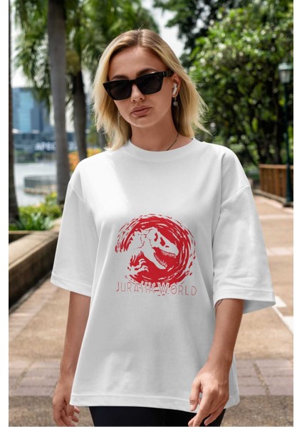 Jurassic Park (3) Ön Baskılı Beyaz Oversize T-Shirt Bisiklet Yaka Erkek Kadın indirimleri
