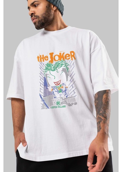Joker (6) Ön Baskılı Beyaz Oversize T-Shirt Bisiklet Yaka Erkek Kadın modelleri