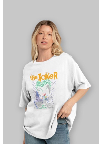 Joker (6) Ön Baskılı Beyaz Oversize T-Shirt Bisiklet Yaka Erkek Kadın fırsatları