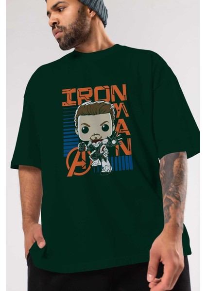 Iron Man (4) Ön Baskılı Zümrüt Yeşili Oversize T-Shirt Bisiklet Yaka Pamuk Erkek Kadın modelleri