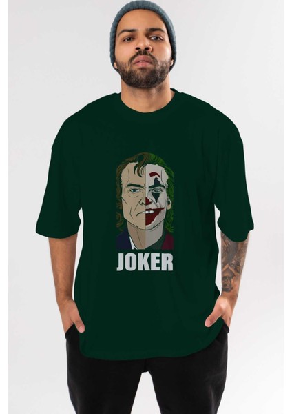 Joker (8) Ön Baskılı Zümrüt Yeşili Oversize T-Shirt Bisiklet Yaka Pamuk Erkek Kadın