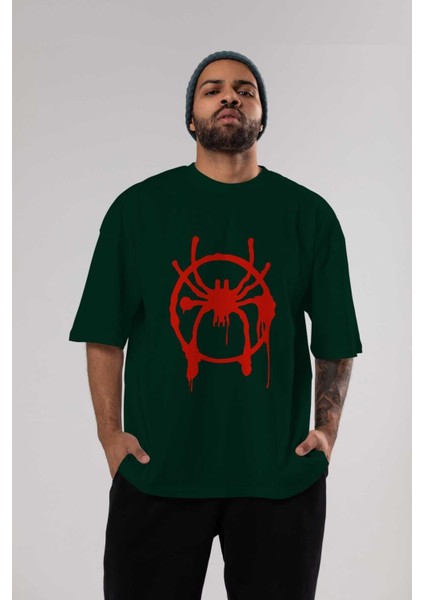Spiderman (32) Ön Baskılı Zümrüt Yeşili Oversize T-Shirt Bisiklet Yaka Pamuk Erkek Kadın