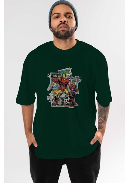 Iron Man (6) Ön Baskılı Zümrüt Yeşili Oversize T-Shirt Bisiklet Yaka Pamuk Erkek Kadın