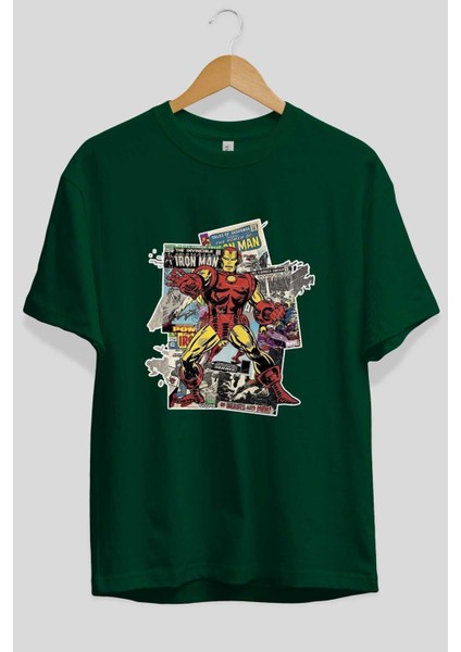 Iron Man (6) Ön Baskılı Zümrüt Yeşili Oversize T-Shirt Bisiklet Yaka Pamuk Erkek Kadın